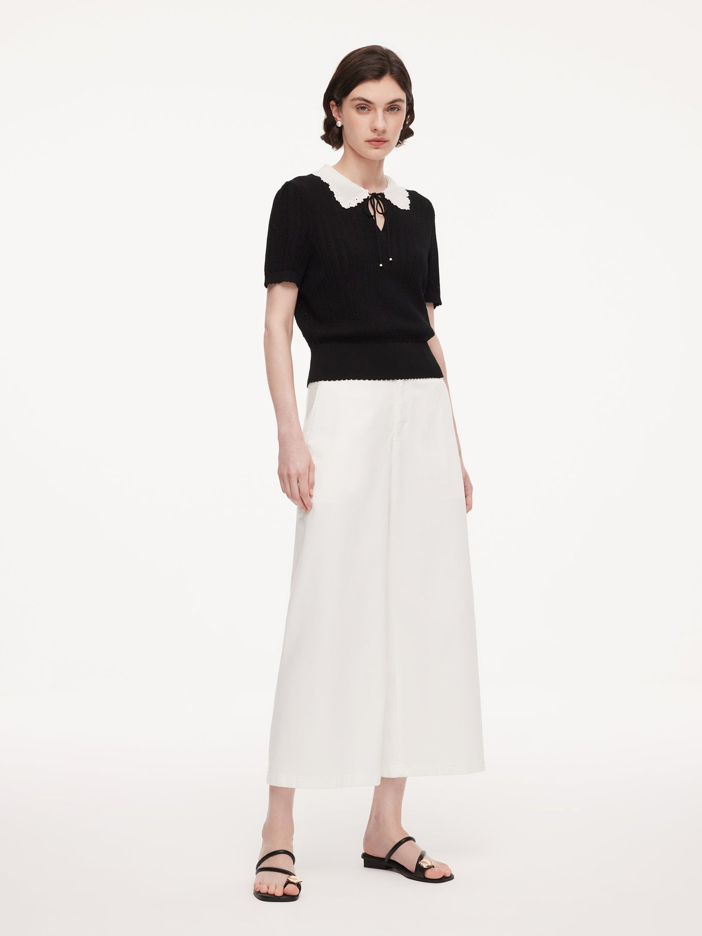 Tencel Blend Color Block Tie Front Women Openwork Knit Top