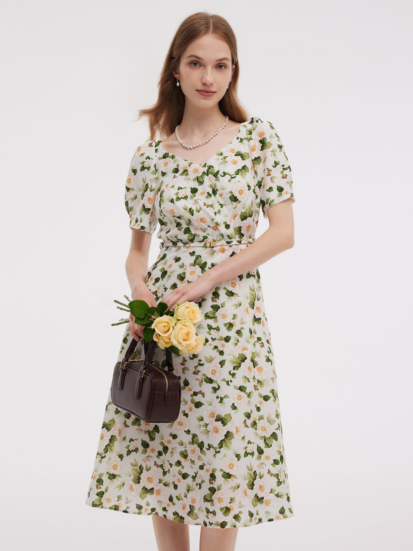 Acetate Blend Floral Print Women V-Neck Midi Dress With Belt