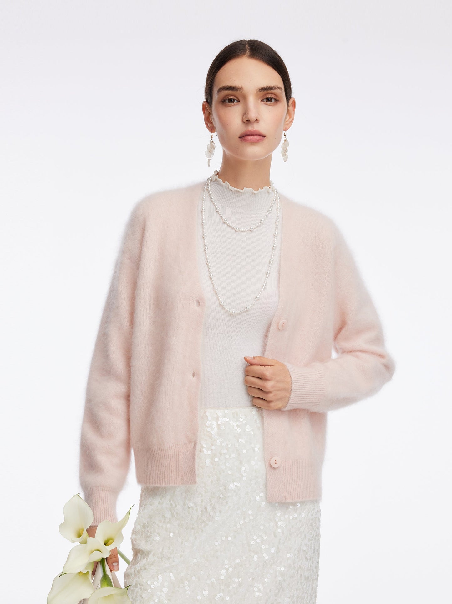 100% Brushed Cashmere V-Neck Women Cardigan