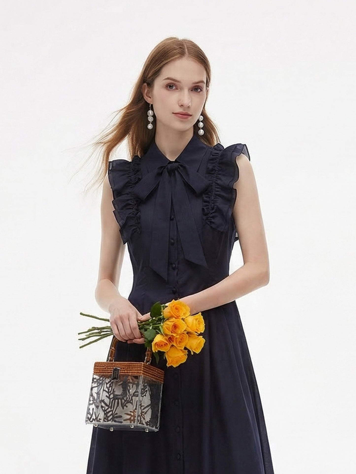 Lyocell Blend Ruffle Women Maxi Dress With Ribbon