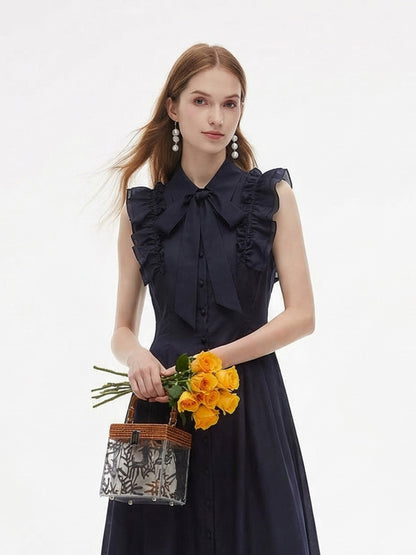 Lyocell Blend Ruffle Women Maxi Dress With Ribbon
