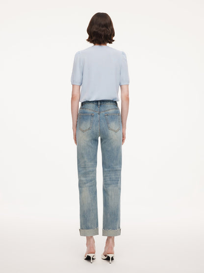 Cotton Denim Adjustable Waist Women Straight Leg Folded Jeans