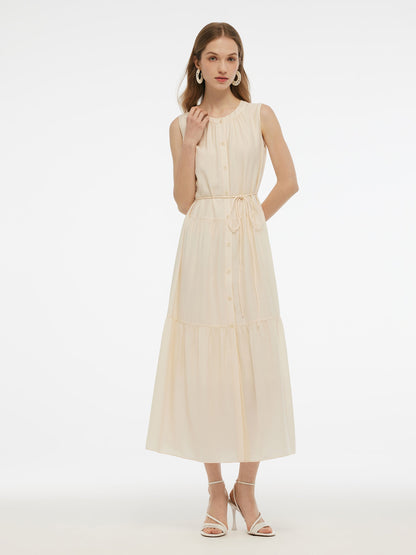 Acetate Blend Loose Fit Women A-Line Maxi Vest Dress With Belt