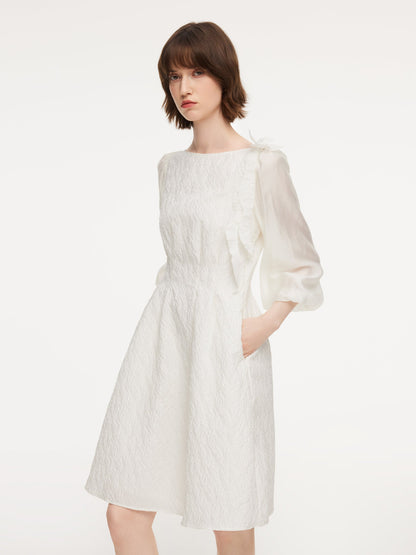 Jacquard Boat Neck Women Midi Dress With Detachable Flower