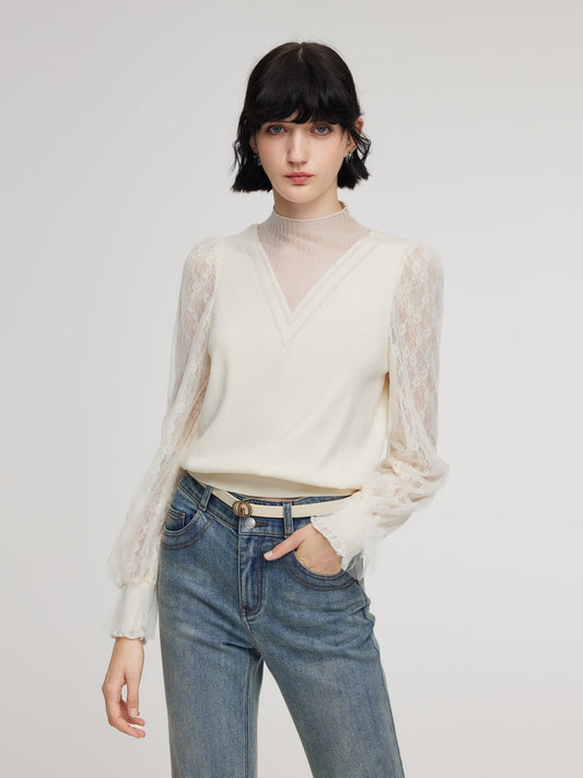 Tencel Wool Blend Lace Patchwork Women Knit Top