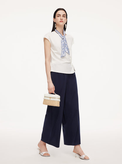 Tencel Blend Twist Front Top And Wide Leg Pants Two-Piece Set With Silk Scarf