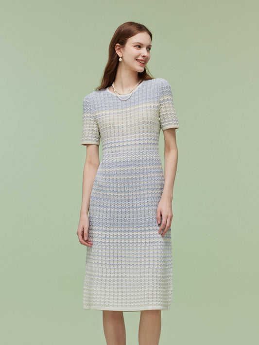 Blue And White Gradient Women Knit Midi Dress