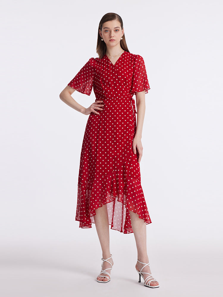 10 Momme Mulberry Silk Polka Dots Print Wrapped Ruffle Women Midi Dress