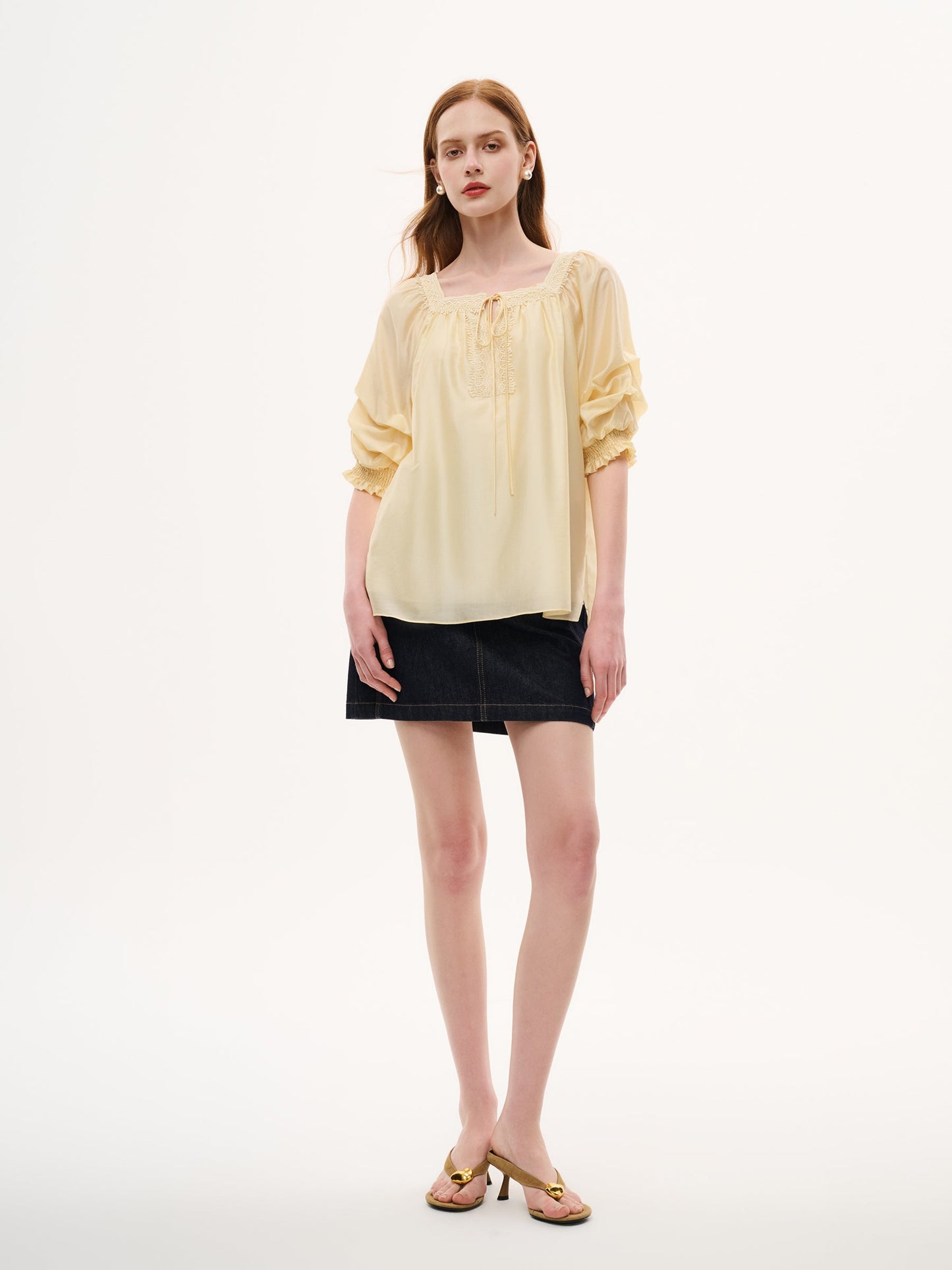 Tencel Blend Embroidered Square Neck Women Blouse