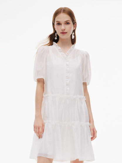 Tencel Blend Ruffle V-Neck Women Mini Dress With Slip Dress