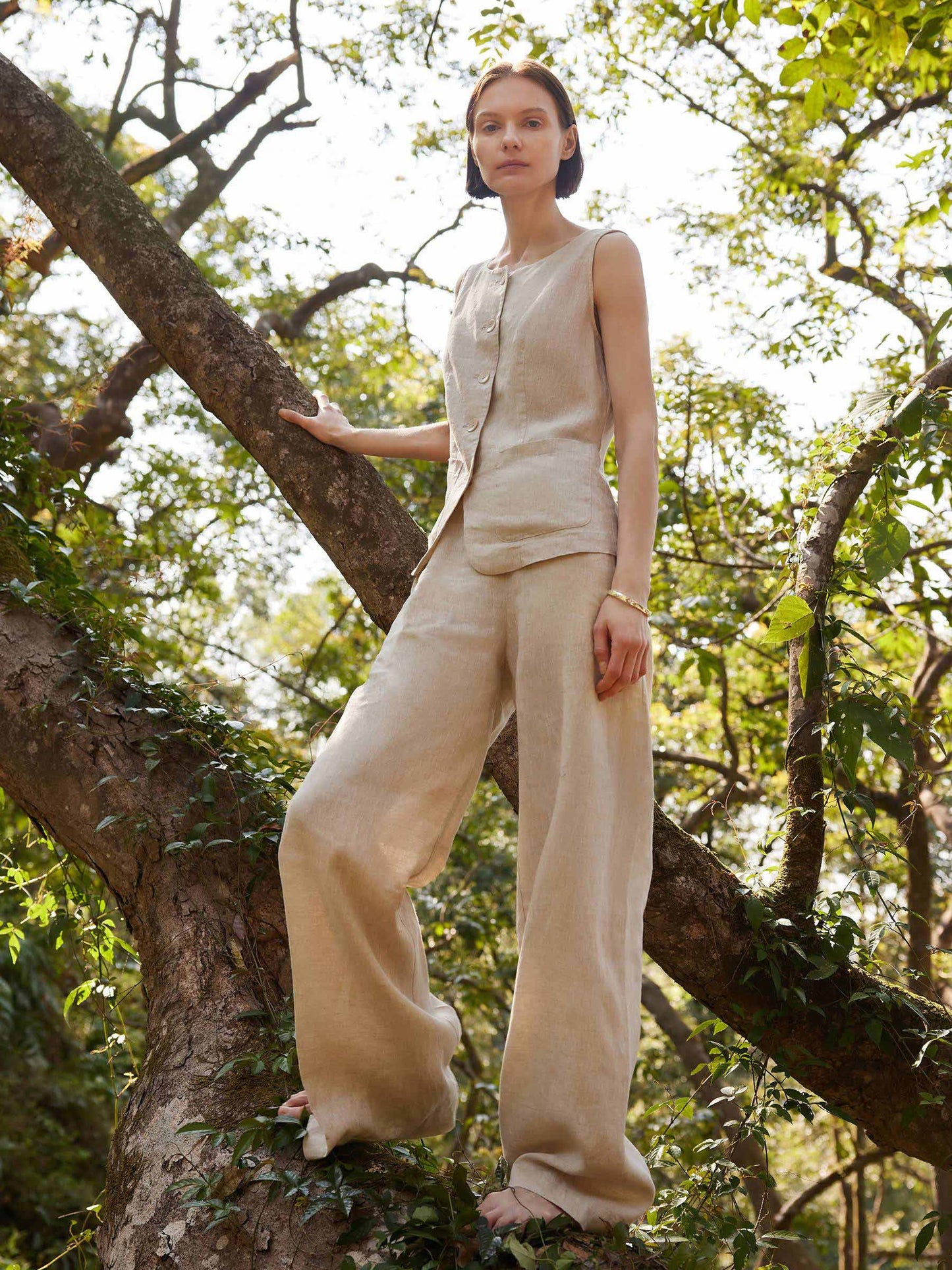 100% Linen Vest And Pants Two-Piece Set