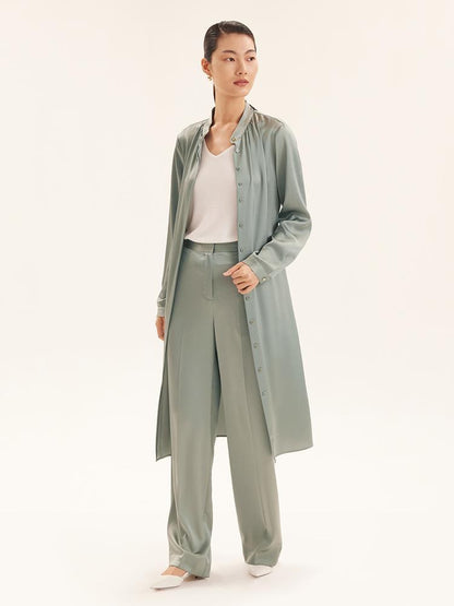 Triacetate Long-Sleeve Slim Midi Collared Dress