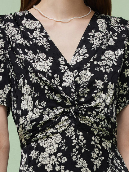 Floral Print Twist Front Women Midi Dress