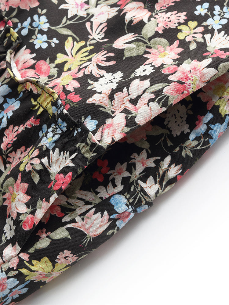 Cotton Puff Sleeve Drawstring Waist Floral Print Women Midi Dress