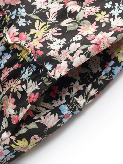Cotton Puff Sleeve Drawstring Waist Floral Print Women Midi Dress