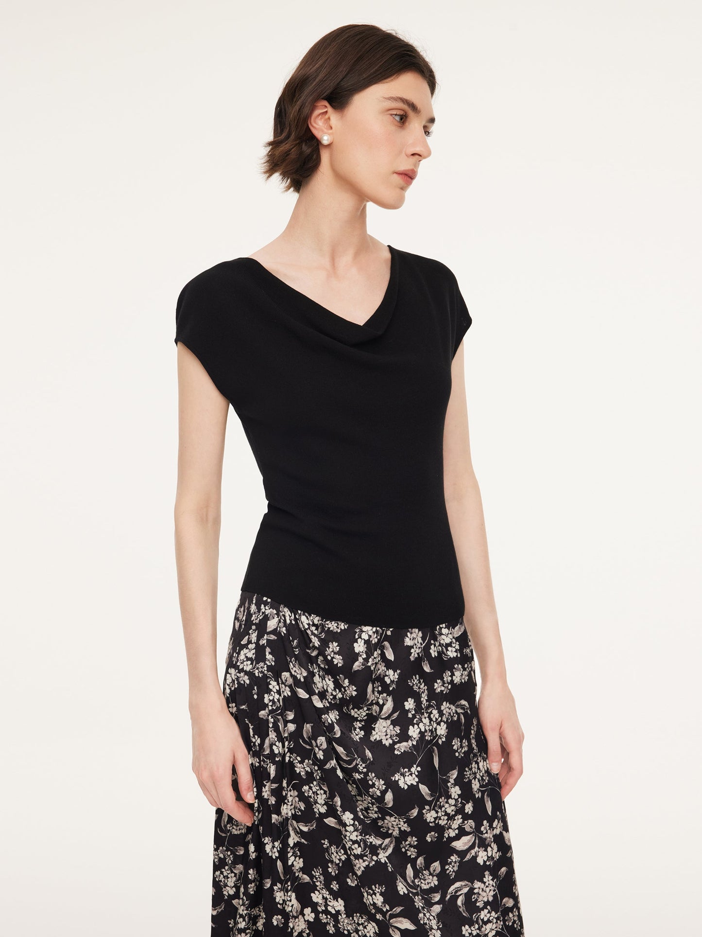 Tencel Mulberry Silk Cowl Neck Women Cap Sleeve Knit Top