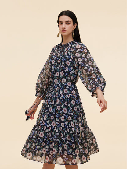 10MM Mulberry Silk Floral Print Women Ruffle Collar Midi Dress