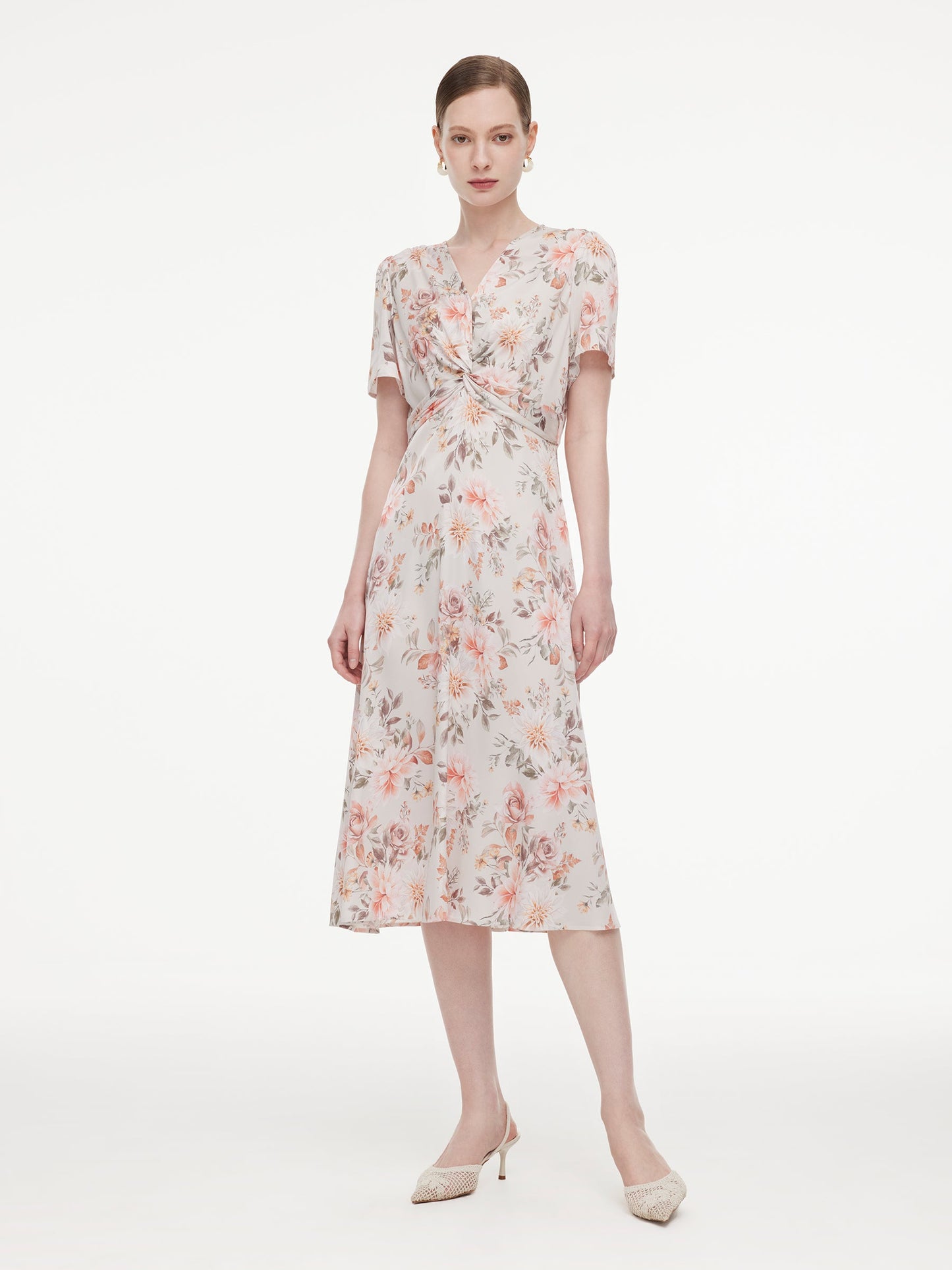 19MM Mulberry Silk Floral Print Twist Front Women Midi Dress