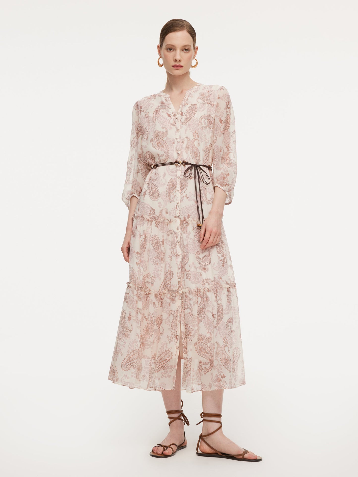 10MM Mulberry Silk Paisley Print Women Maxi Dress With Two Self-Tie Belts