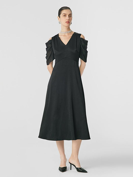 Black Triacetate Gathered Waist V-Neck Midi Dress