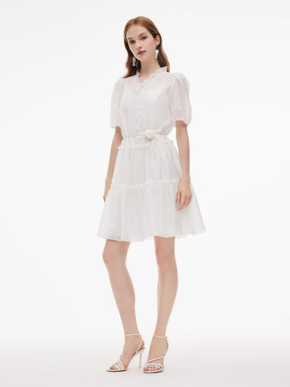Tencel Blend Ruffle V-Neck Women Mini Dress With Slip Dress