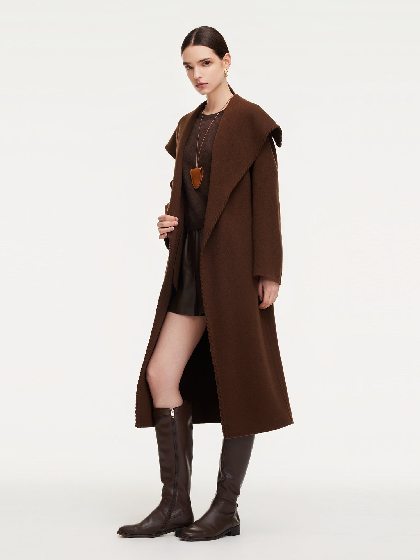 Cashmere Wool Blend Wide Collar Double-Faced Women Wrap Overcoat