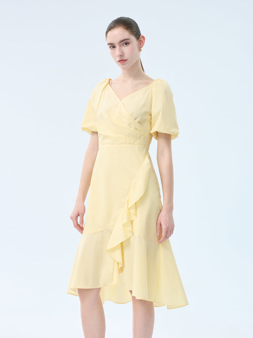 100% Cotton Ruffle Puff Sleeve Women Wrap Midi Dress