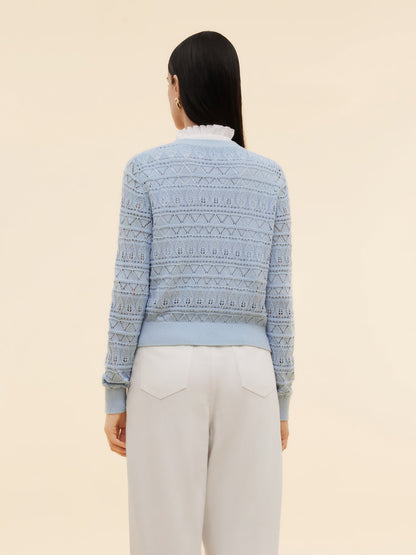 Cotton Openwork Women Round Neck Cardigan