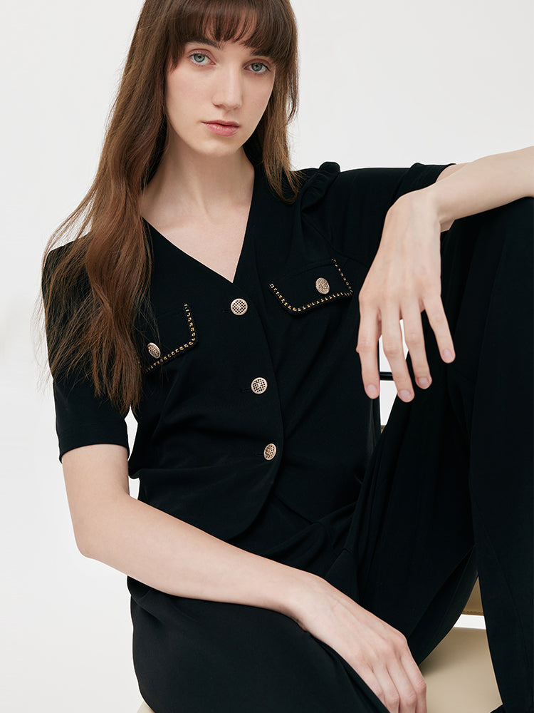 Pre-Order V-Neck Top And Straight Pants Two-Piece Set