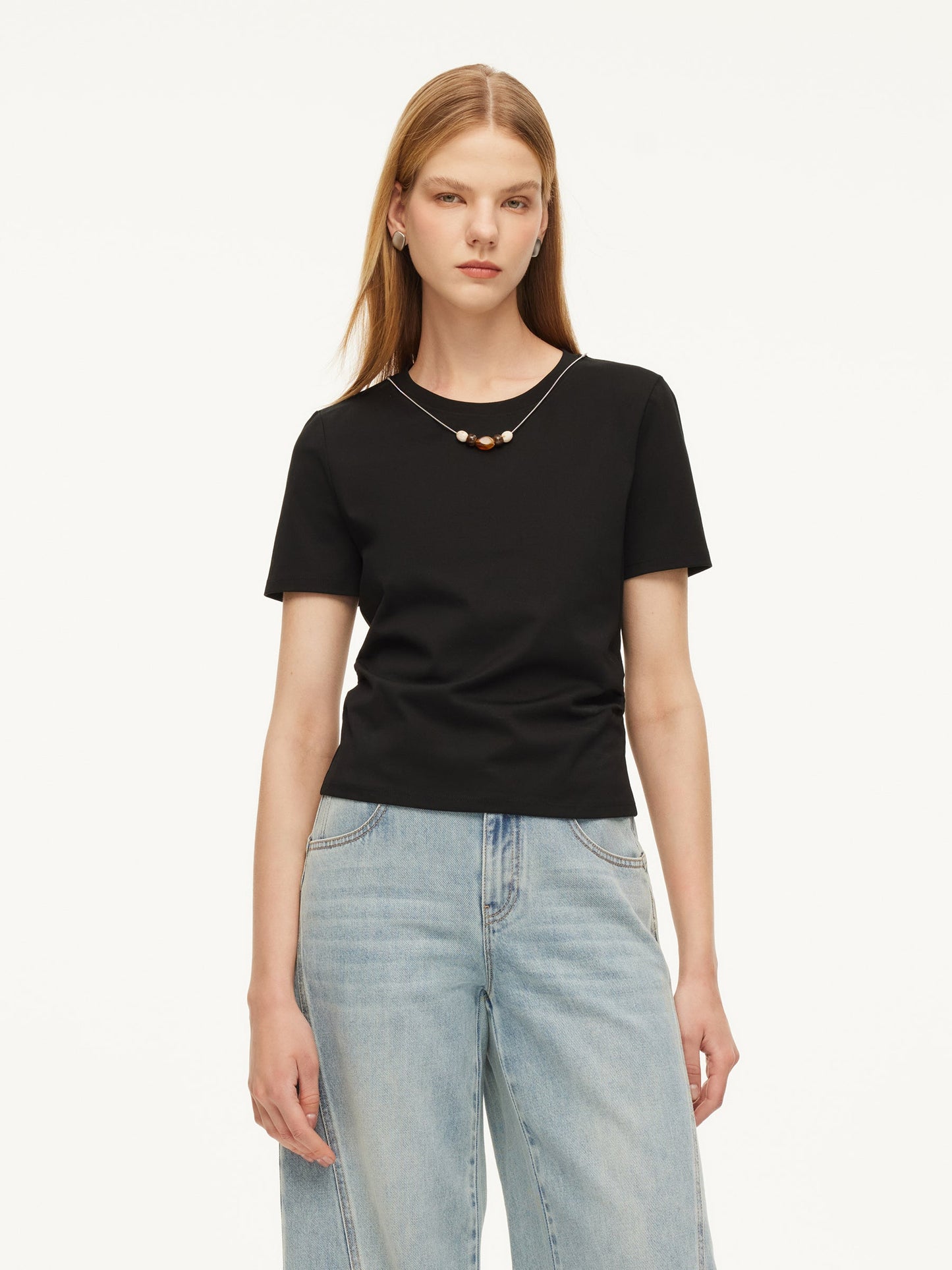 Cotton Side Twist Women T-Shirt With Detachable Beaded Chain