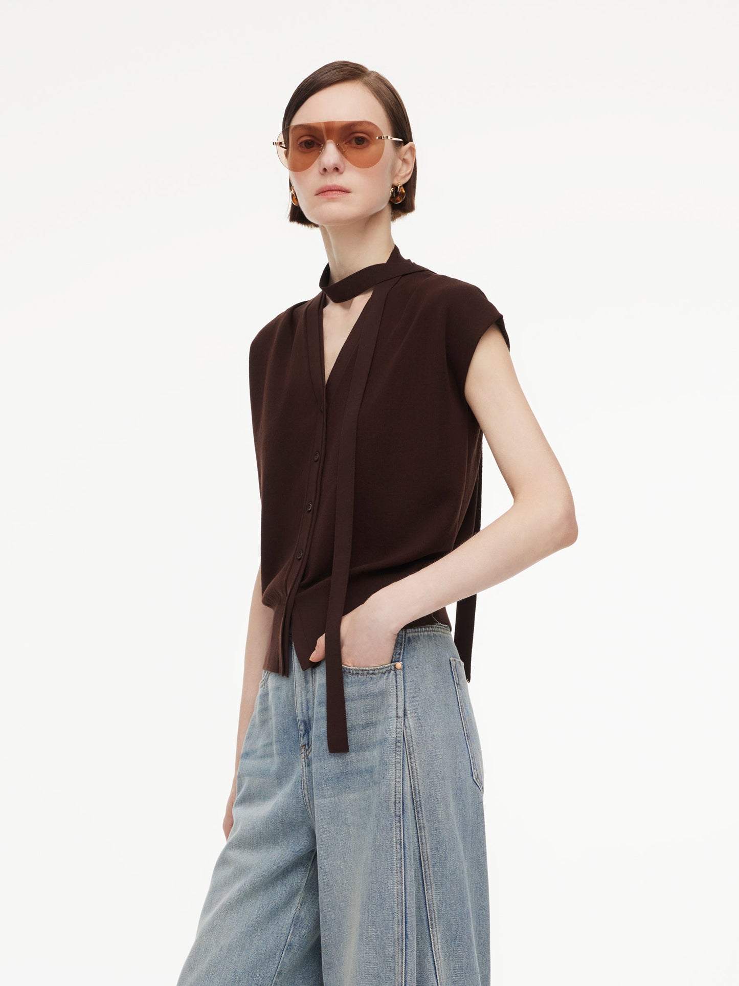 [Preview] Lyocell Blend V-Neck Women Knit Top With Ribbon