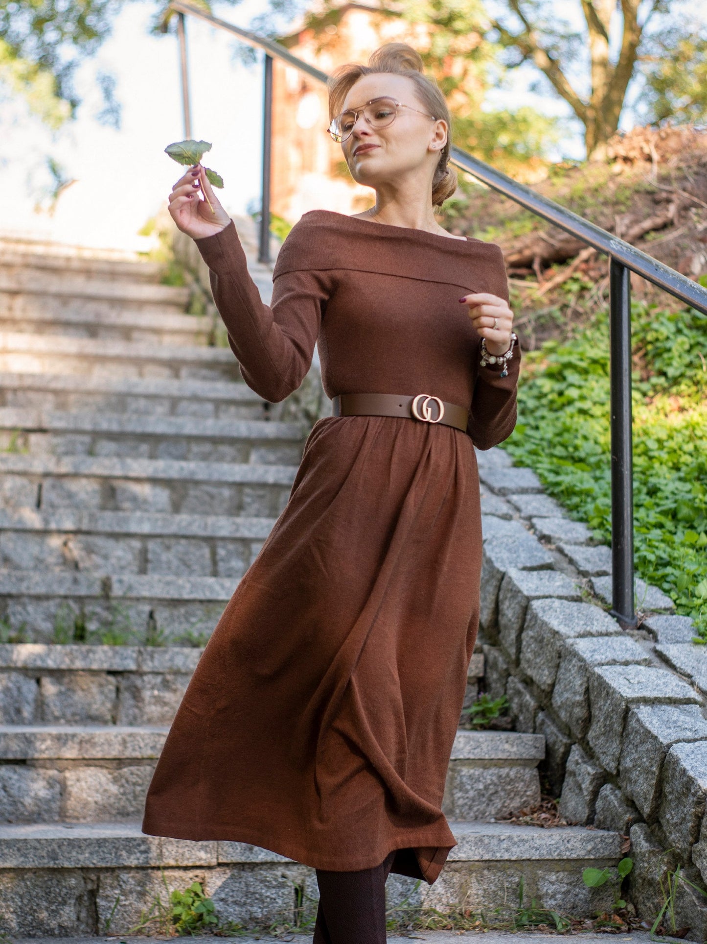 Tencel Wool Blend Boat Neck Women Knit Maxi Dress With Leather Belt