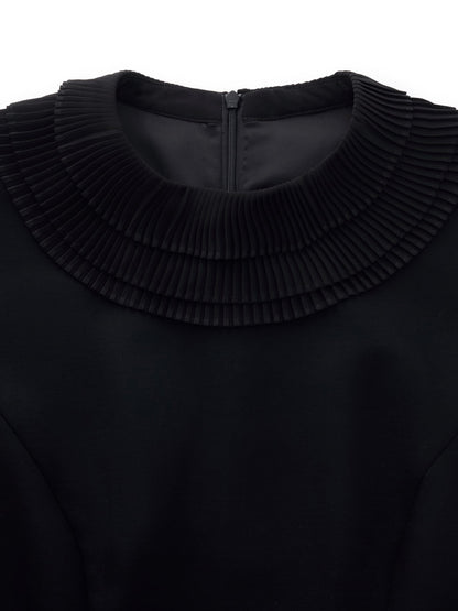 Worsted Wool Blend Ruffle Collar Women Mini Dress With Detachable Ribbon
