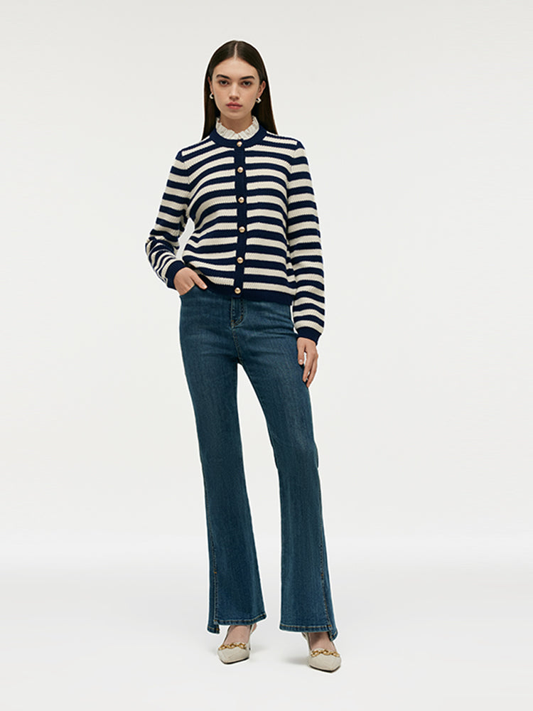 Blue And White Stripe Women Cardigan With Detachable Ruffle Collar