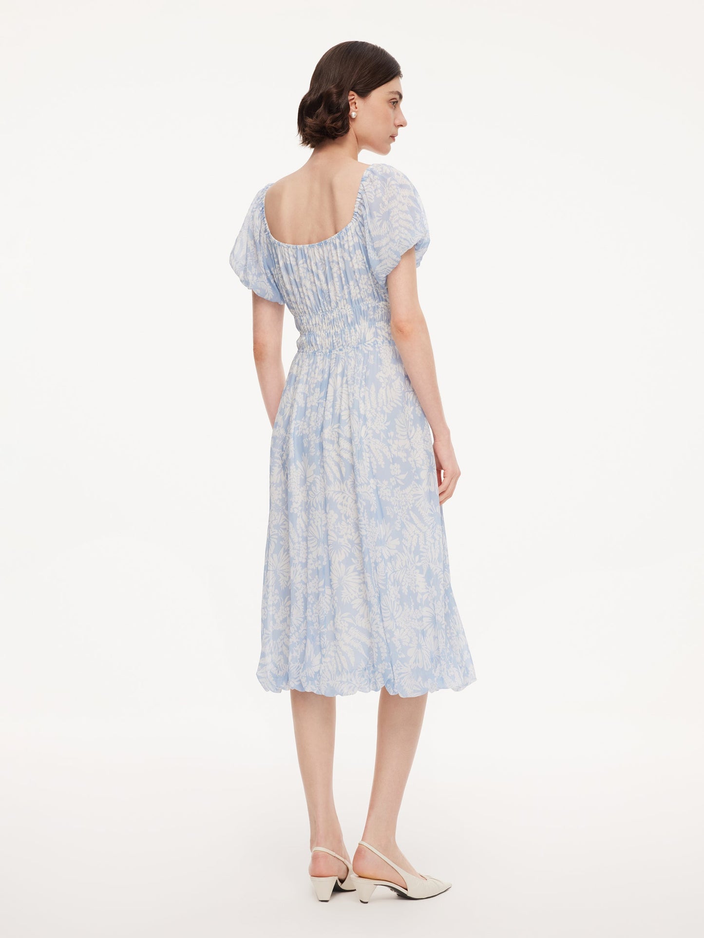 10MM Mulberry Silk Floral Print Women Bubble Hem Midi Dress With Scrunchie