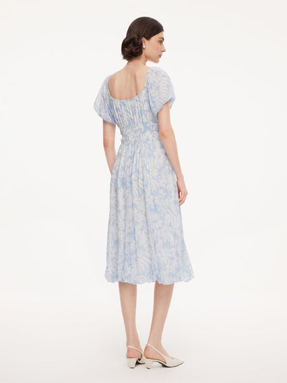 10MM Mulberry Silk Floral Print Women Bubble Hem Midi Dress With Scrunchie