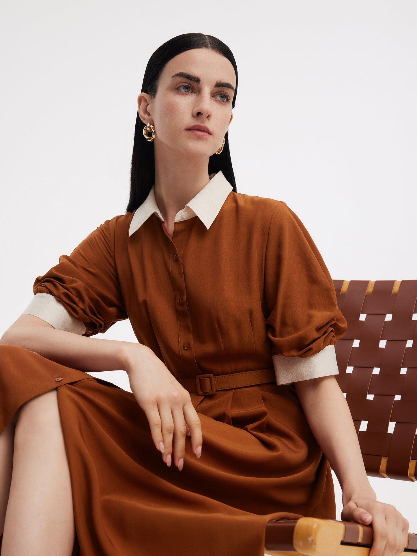 Tencel Acetate Blend Color Block Women Midi Dress