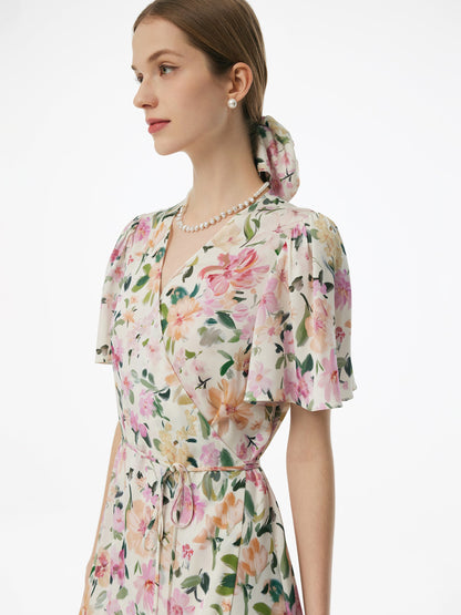 19MM Mulberry Silk Floral Print V-Neck Women Wrap Midi Dress