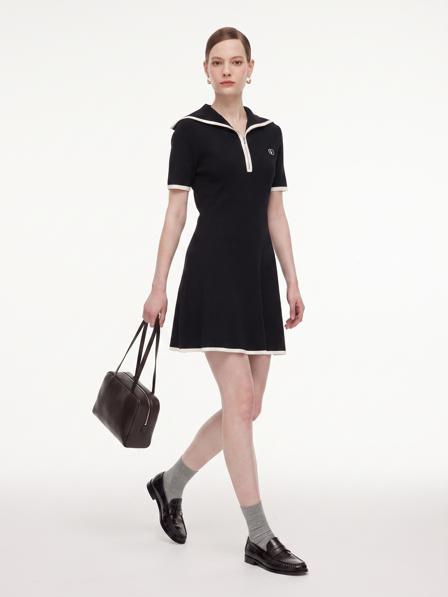 Lyocell Blend Contrast Trim Half-Zip Women Knit Mini Dress