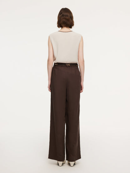 Linen Blend Women Wide Leg Pants With Tie String Belt