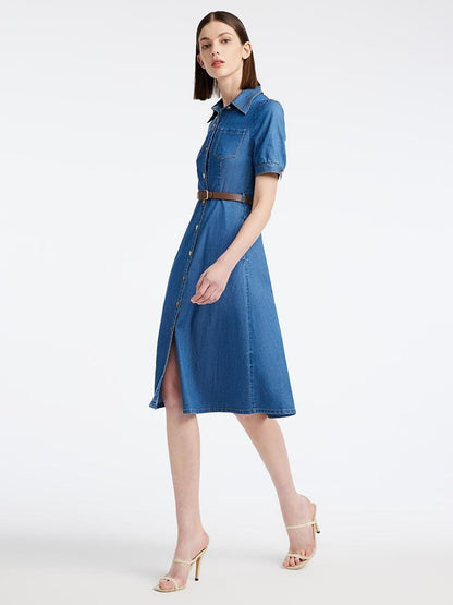 Tencel Denim Shirt Midi Collared Dress With Belt