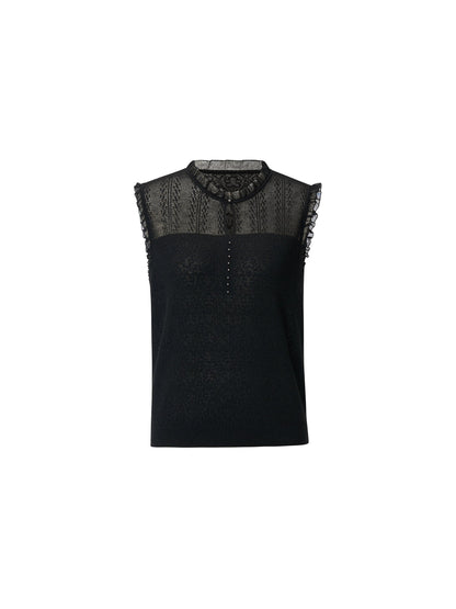 Jacquard Cut Out Neckline Women Ruffle Knit Tank Top