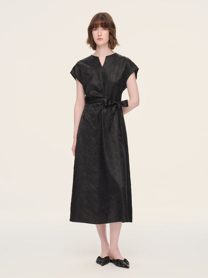 19MM Gambiered Canton Gauze Women Belted Maxi Dress With Scrunchie