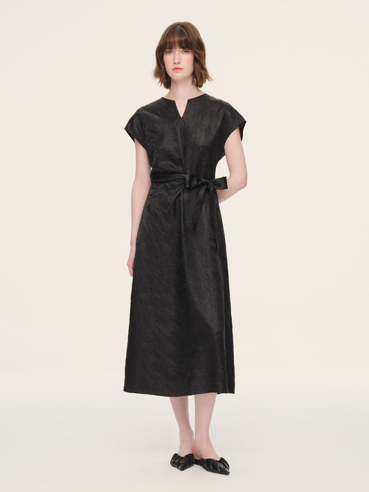 19MM Gambiered Canton Gauze Women Belted Maxi Dress With Scrunchie