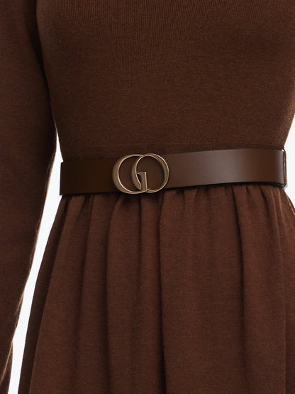Tencel Wool Blend Boat Neck Women Knit Maxi Dress With Leather Belt