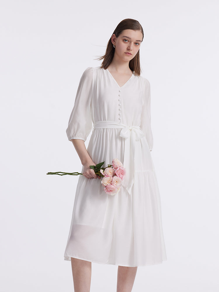 White V-Neck Gathered Waist Midi Dress