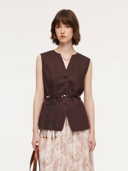 Linen Blend X-Line V-Neck Women Vest