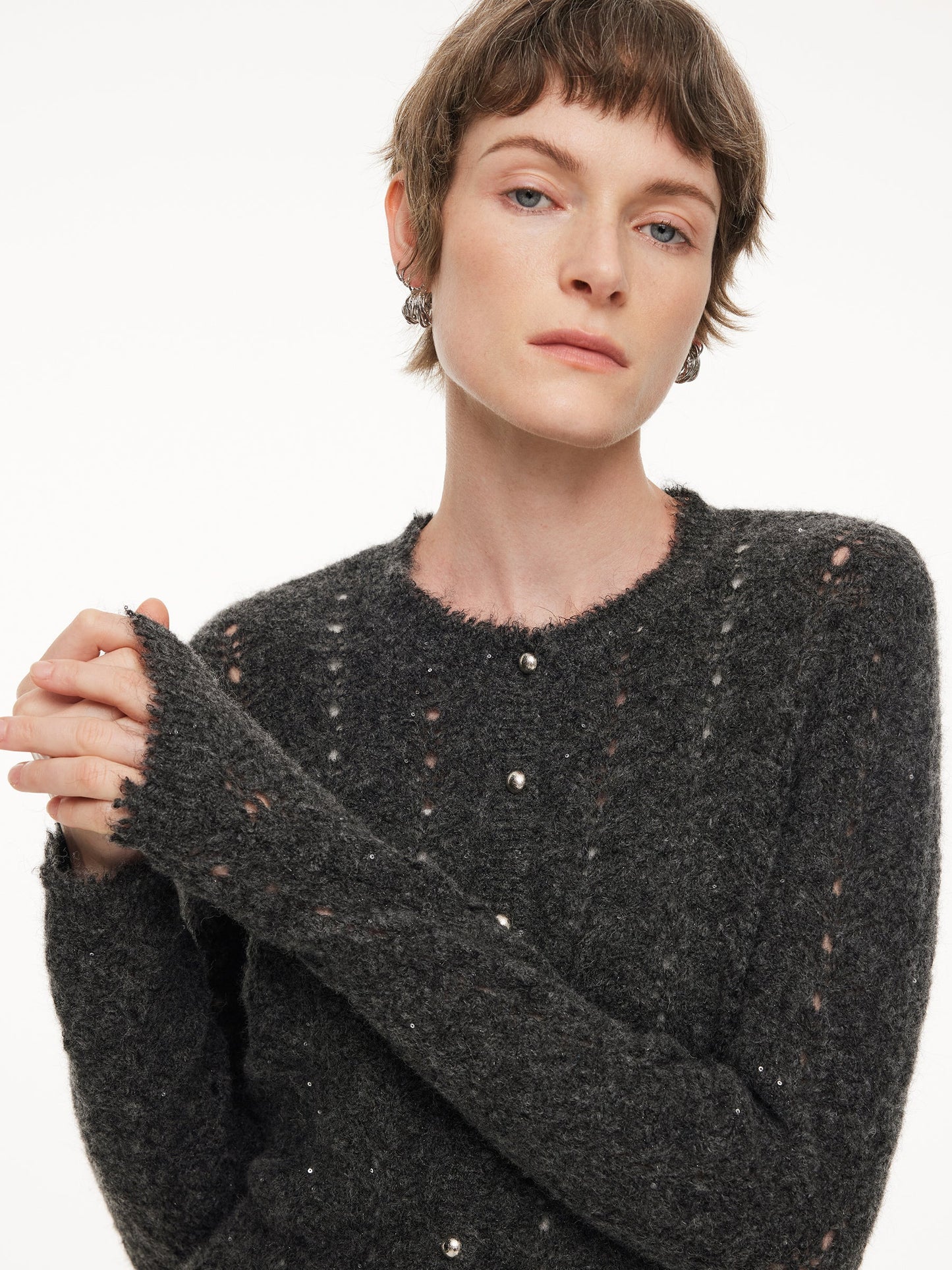 Alpaca Wool Blend Frayed Edges Women Open-Knit Cardigan