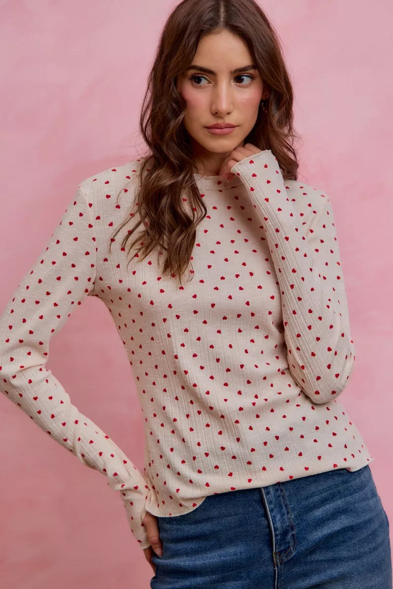 SO ME Ditsy Heart All Over Slub Rib Knit Valentine Top yr