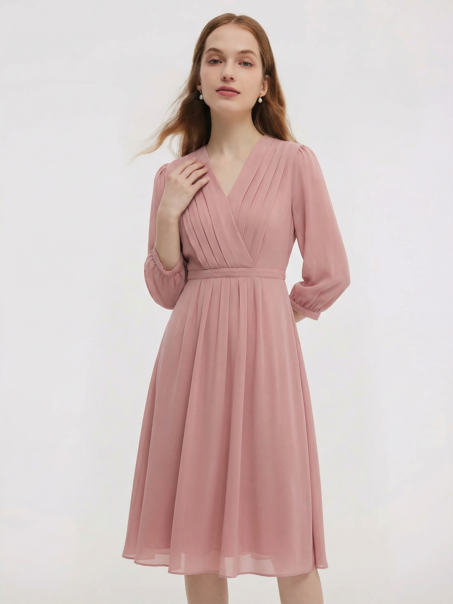 V-Neck Pleated Lace Up Wrap Midi Dress
